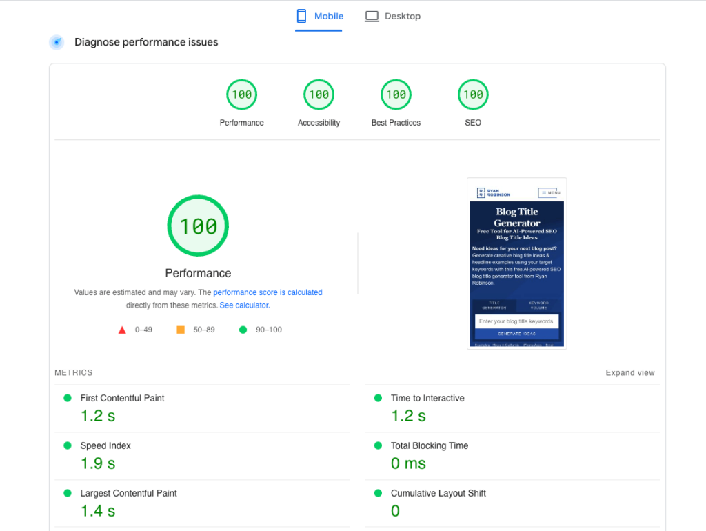Google Page Speed Insights report showing perfect mobile performance scores and detailed metrics for website speed optimization.