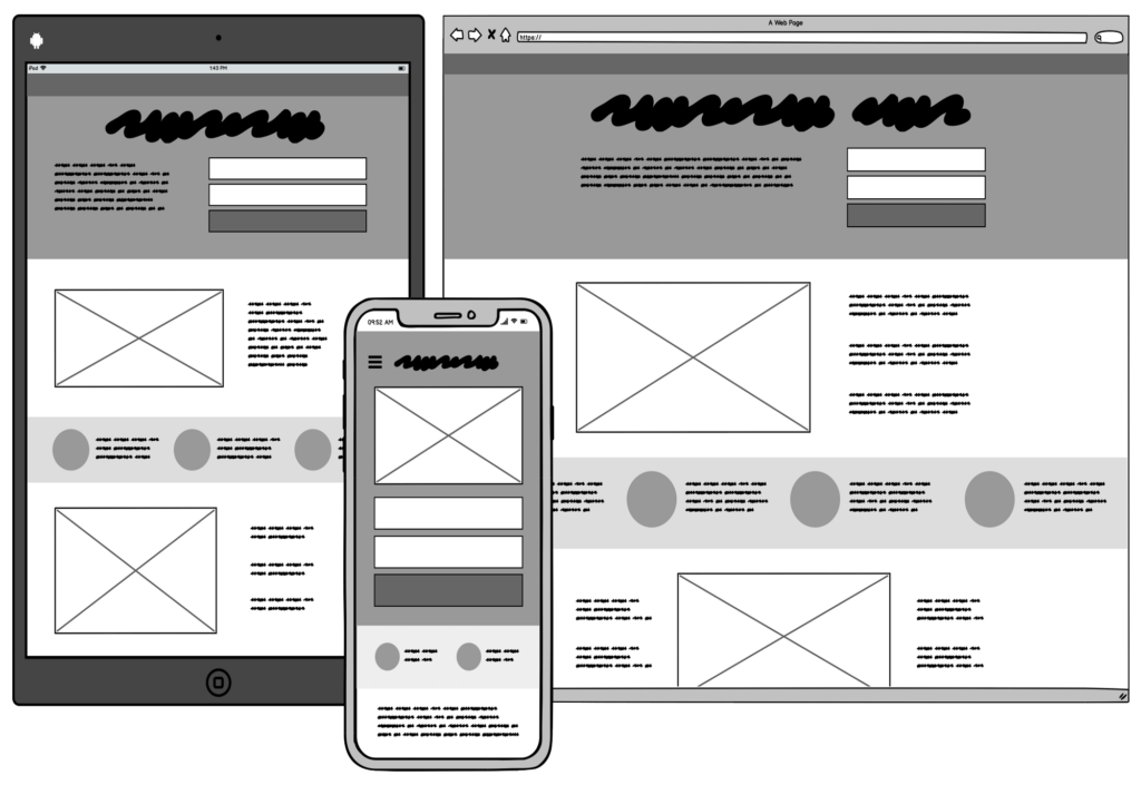 Grayscale wireframe mockups shown on tablet, smartphone, and desktop illustrating Balsamiq’s sketch-style interface design approach. upttik.undiksha.ac