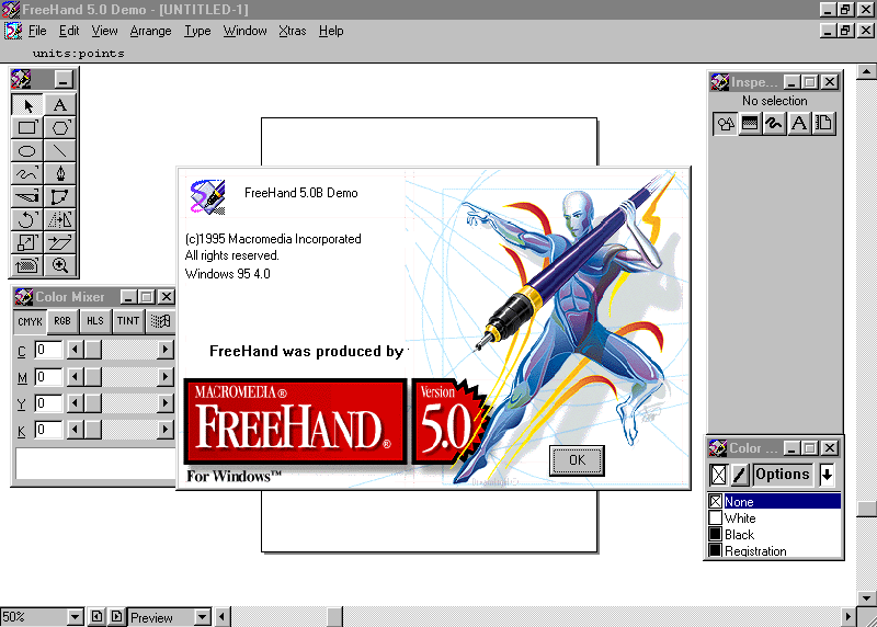 Screenshot of Macromedia FreeHand 5.0B demo running on Windows 95, highlighting the classic vector illustration software interface from 1995. .webdesignmuseum