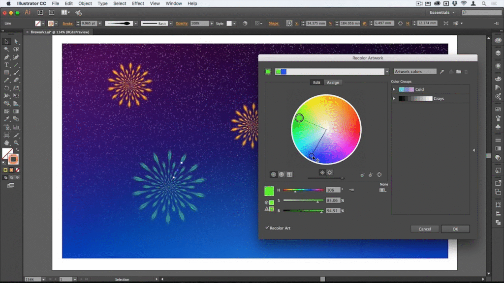 Illustrator CC interface showing fireworks artwork with recolor tool active, illustrating vector graphics design and color editing.