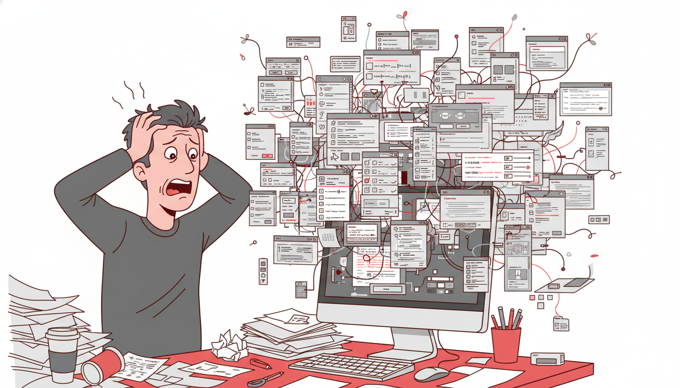 Frustrated designer pulling hair looking at Adobe interface, confusing overlapping panels and menus floating around head.