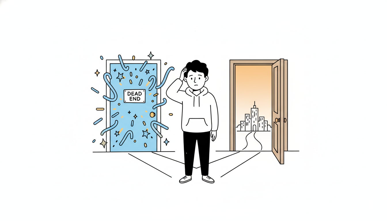 A founder wearing a hoodie, standing at a crossroads with two doors in front of him. Door A is shiny and glowing with squiggly, abstract shapes and stars above it, but there’s a small sign that says ‘Dead End’. Door B is a plain wooden door with a simple blueprint drawing on it, glowing softly and showing a bright path leading to a small doodle city skyline. The founder looks thoughtful, scratching his head. Clean white background, thin black lines, soft pastel accent colors (blue, yellow, orange). Minimalist doodle style, flat 2D composition.”
